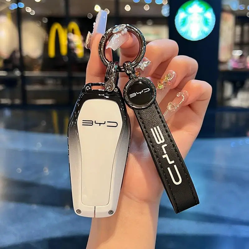 Zinc Alloy New Leather Car Key Case Cover Shell Fob For BYD Song Plus Atto 3 Han EV DM Qin Seal Dolphin Protective Auto Keychain