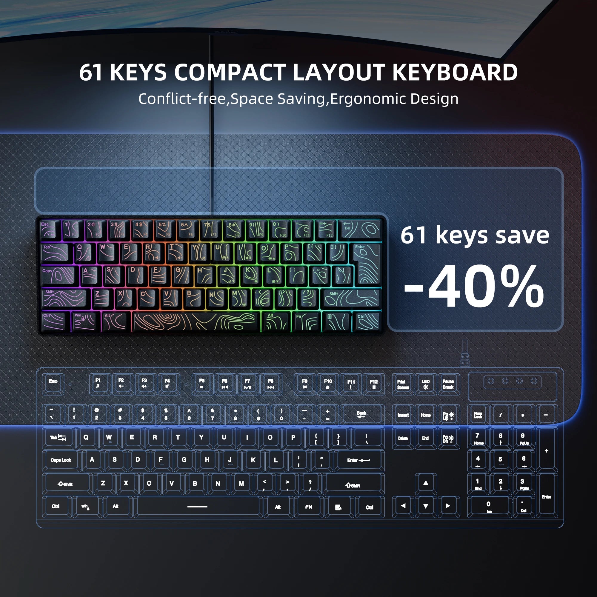 60% Compact Wired Keyboard with RGB Backlight and Membrane Keyswitches. Suitable for Windows tablets, laptops and gamers. Black.