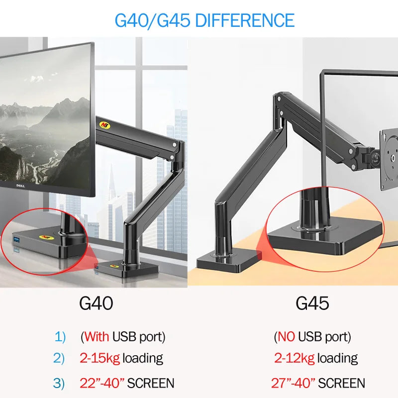 NB G40 22-40 inch Monitor Screen Desktop Mount Gas Spring Arm Computer Holder 360 Rotate 3-15kgs with USB 3.0 Port Clamp Grommet