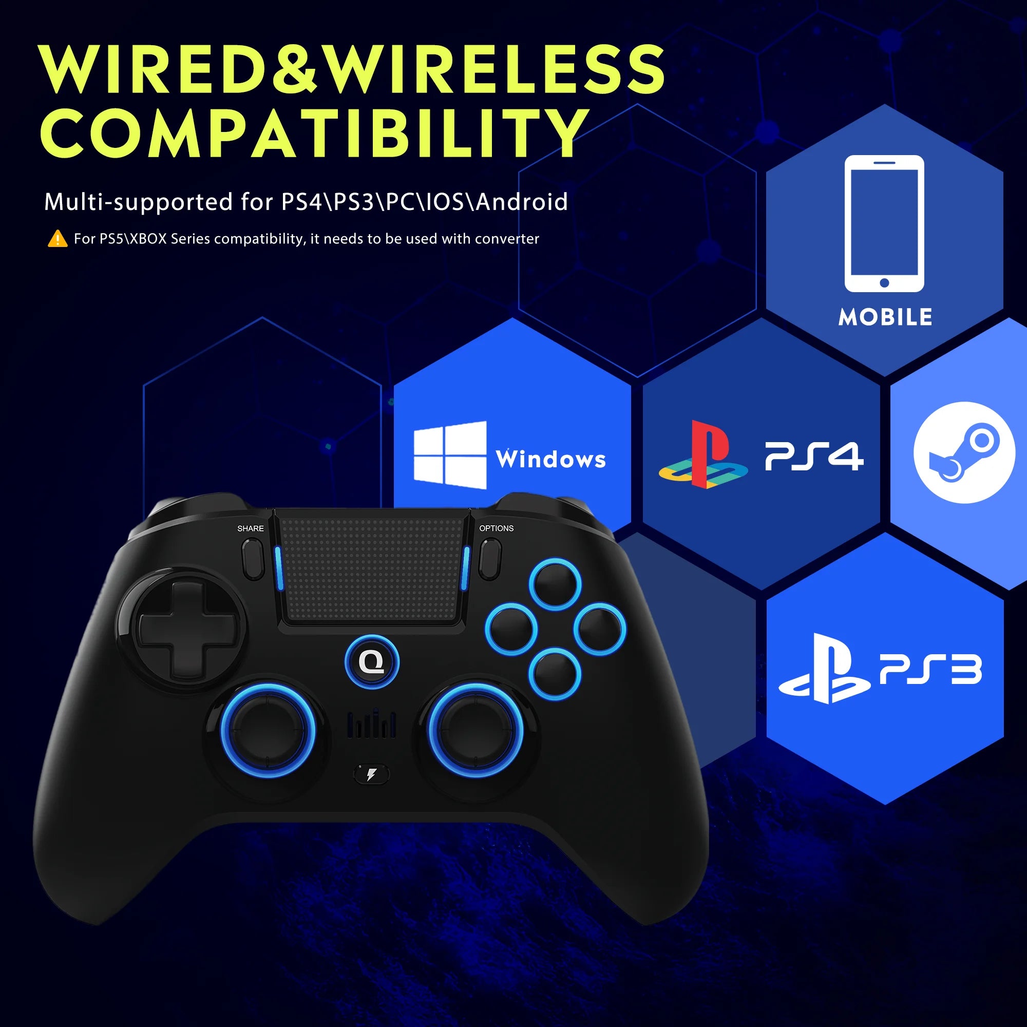 Original QRD Spark N5 Wireless Controller For PS4/PS3/IOS/Android/PC Hall Joystick Vibration Effect For PS5 Via Converter