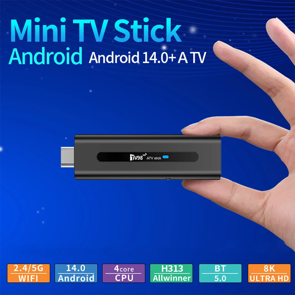 TV98 ATV H313 Android TV Stick 14.0 8K 2.4G 5G WiFi Quad Core BT5.0 Set Top Box Smart TV Box for Network Media Player