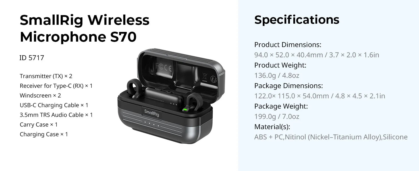 SmallRig S70 Wireless Microphone, 24-bit/48kHz Sampling 70dB SNR 40-Hour Runtime for Phone Camera for DJI for Insta360 -5715