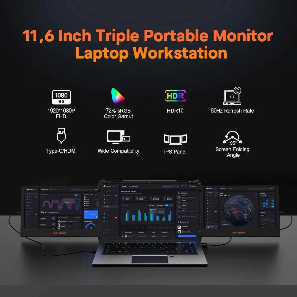 GTMEDIA MATE X 11.6 Inch Portable Monitor 1920*1080 IPS HD Triple Dual Extender Screen Full View Fold For 13.0-17.3 Inch Laptops