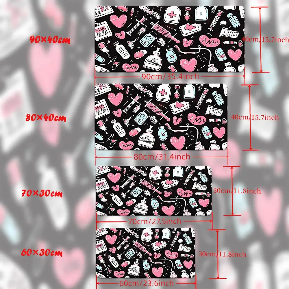 One Pink Gaming Mouse Pad with a Medical Theme, Featuring a Design of Stethoscopes, Bottles, And Hearts. It'S a Soft Rubber Desk Mat Suitable for Office, PC