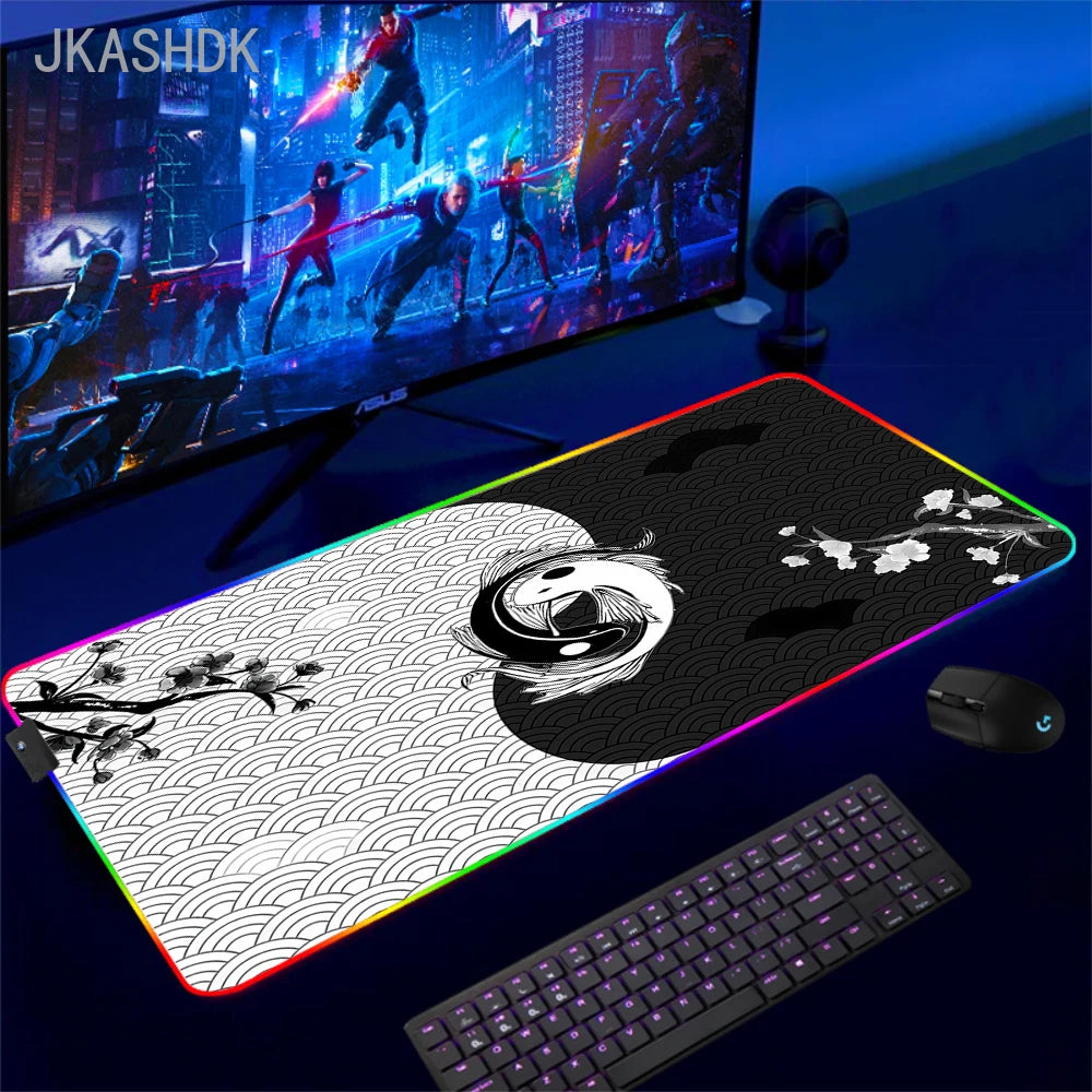 Large RGB Mouse Pad Koi Fish Gaming Mousepad LED Mouse Mat Gamer Mousepads Yin Yang Desk Pads RGB Keyboard Mause Mats XXL 100x50