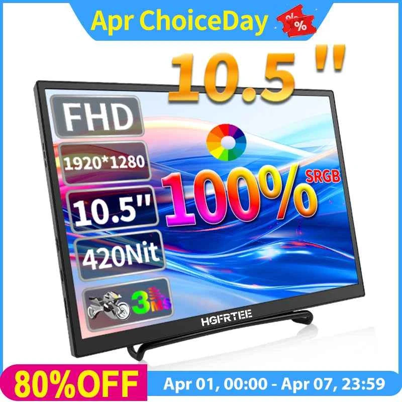 HGFRTEE 10.5 inch Portable Monitor 420Cd/m ² FHD 1280P 100% SRGB Laptop Second Screen For Mac Xbox PS4/5 Switch