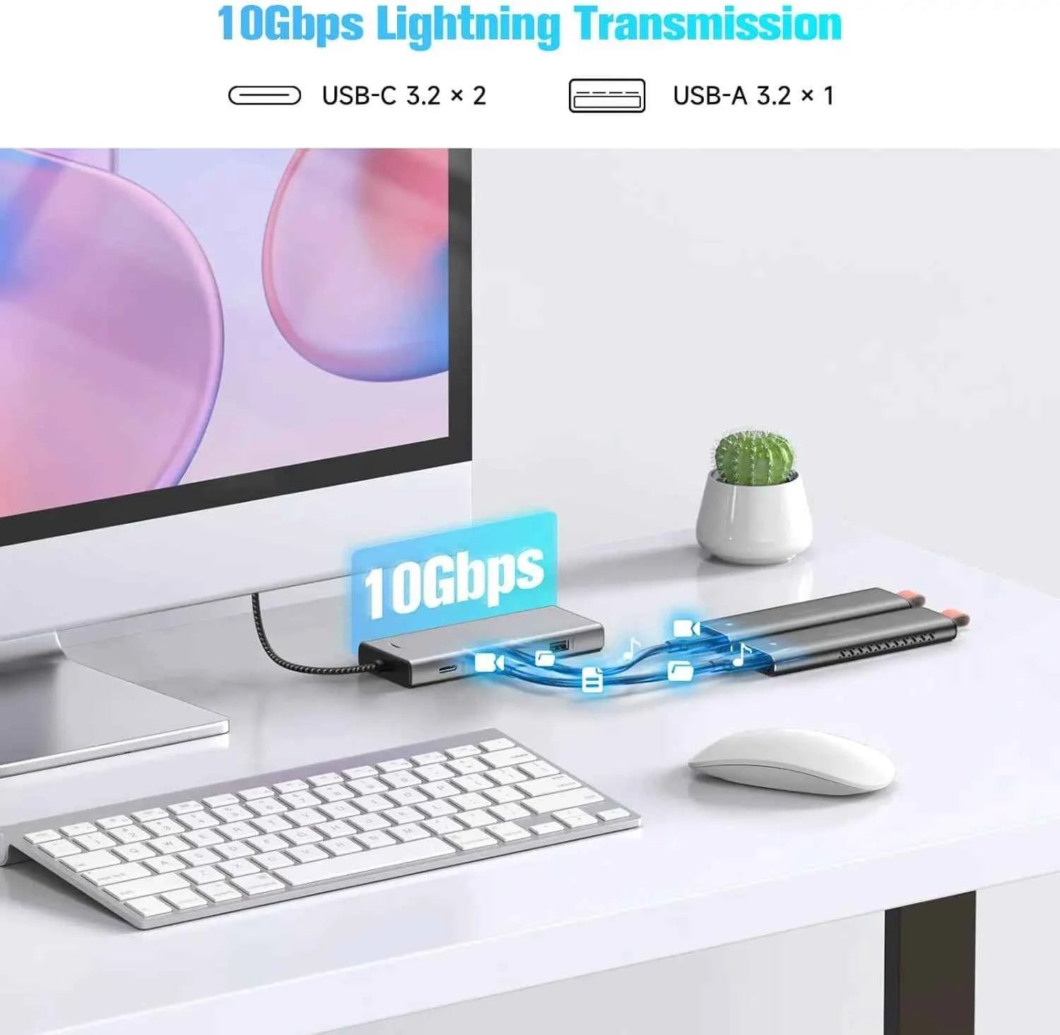 RSHTECH M.2 NVMe/SATA SSD Enclosure 5-in-1 Aluminum 10Gbps USB C Hub with 3 USB 3.2 Data Ports 100W Power Delivery and M2 SSD Docking Station External USB-C to M.2 Caddy for Laptops MacBook