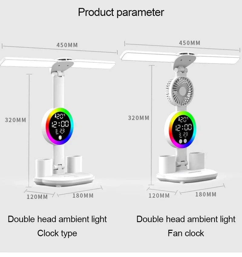 LED Table Lamp with Fan And Clock Display Reading Desk Light for Study Night Light Adjustable Brightness