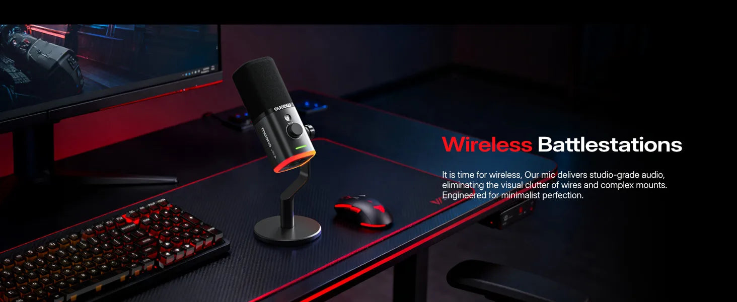 MAONO PD100W Wireless Dynamic Microphone Cardioid Dynamic Mic 50m Range One-Touch Noise Reduction RGB for Gaming Live Streaming