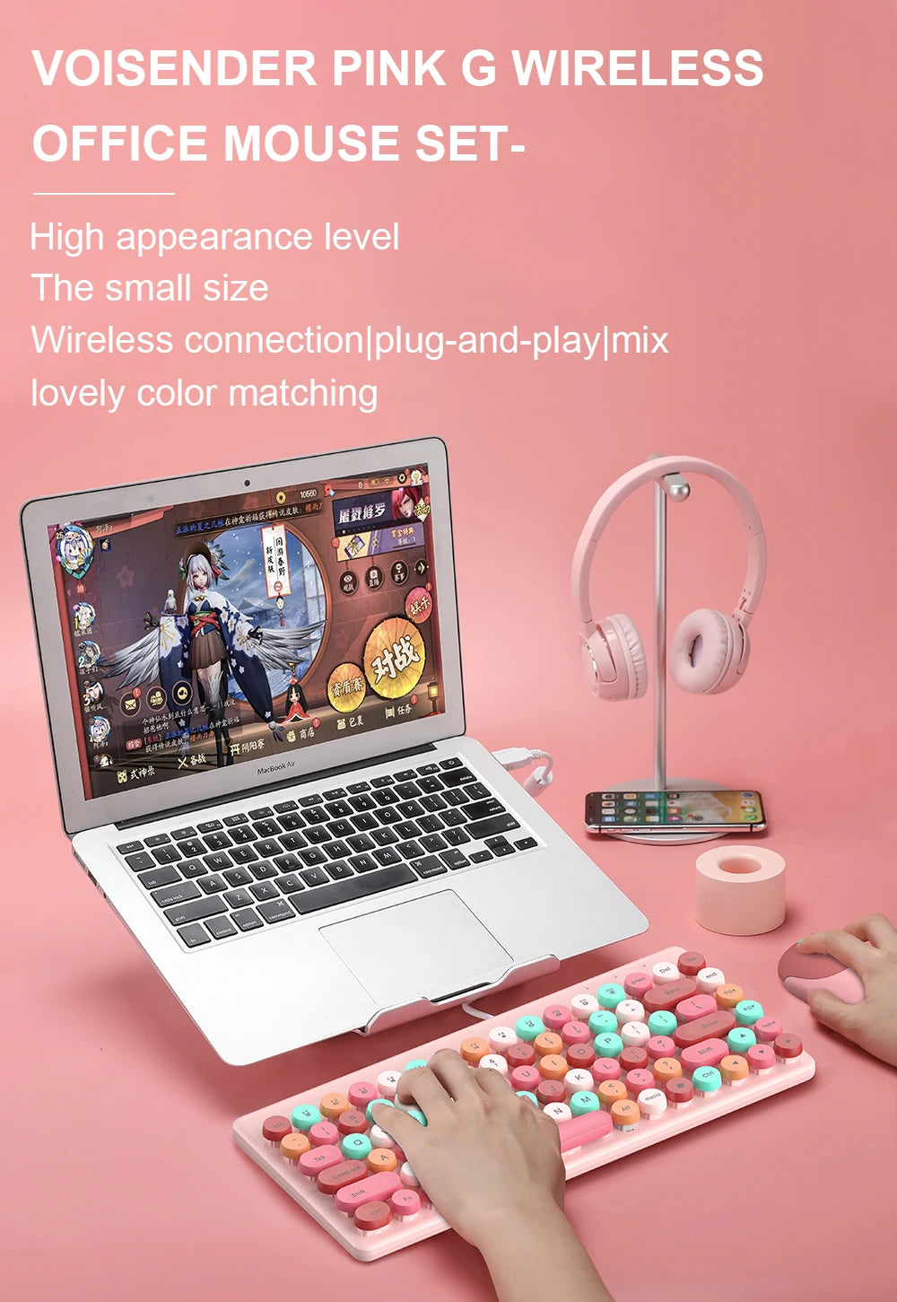 Wireless Mini Pink Keyboard Mouse Combo, 2.4G Portable Silent for PC Laptop Tablet iOS Android Windows, Hot Sale