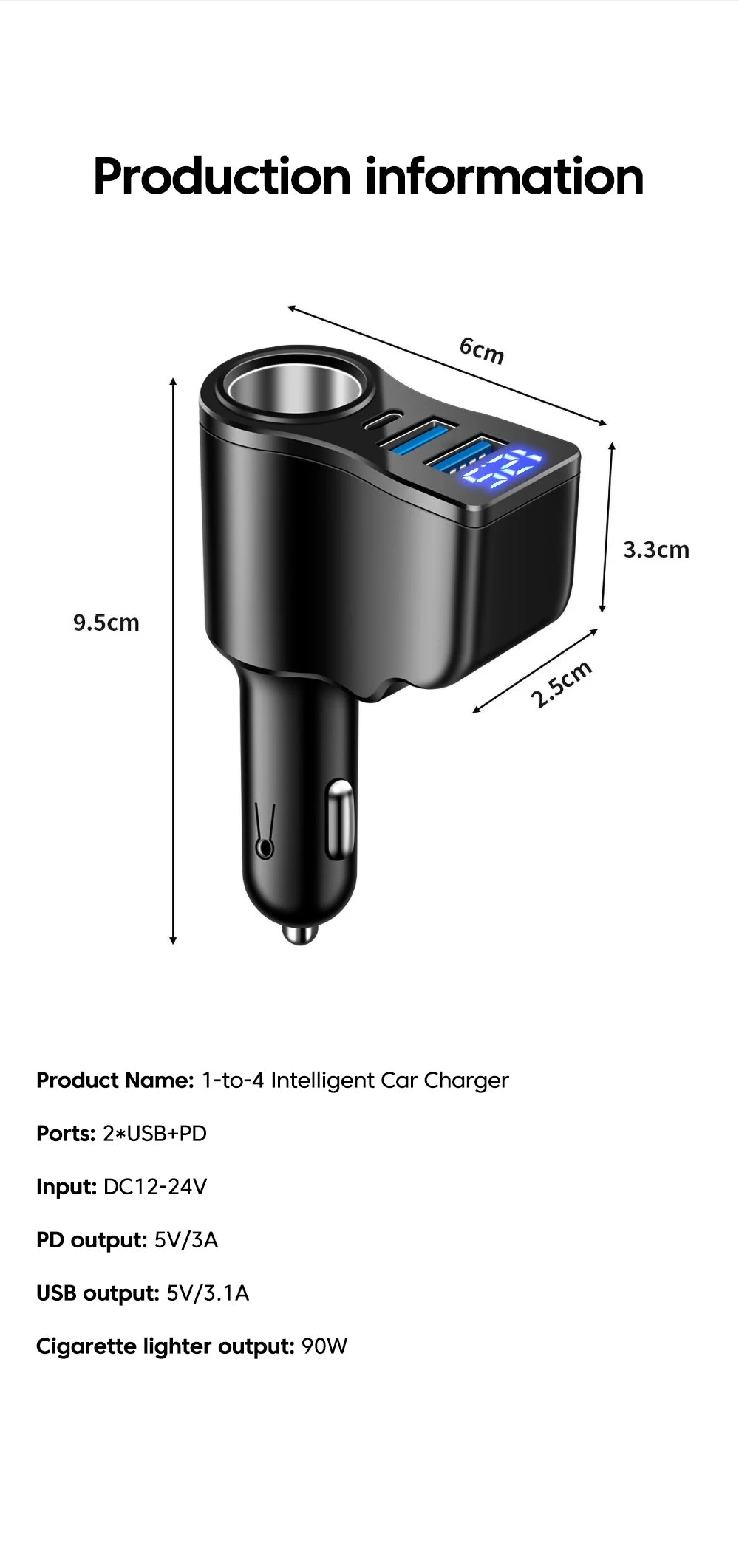 66W 4 Ports Digital Display Car Cigarette Lighter Power Adapter 3.1 A USB PD Car Phone Multifunctional Charger For iPhone Huawei