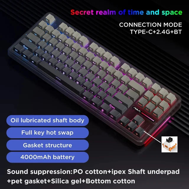 AULA F87 Pro Mechanical Keyboard 2.4g/Usb/Bluetooth Tri Mode Wireless 87 Key Rgb Pbt Gasket 5 Layer Silencing Full Key No Impact - WinSupport Tech