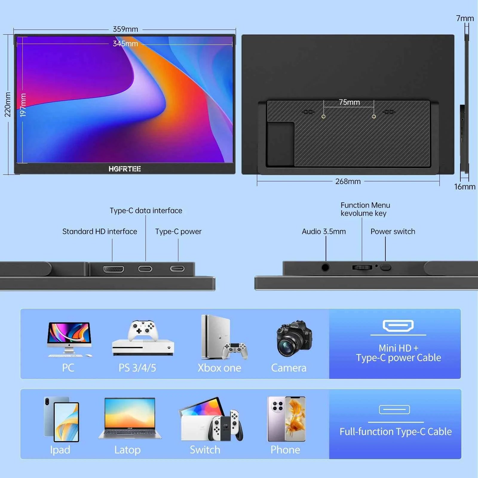HGFRTEE 15.6 Inch Portable Monitor Ultra-Thin Monitor 180° Adjustable Bracket VESA Wall Mount Monitor for Gaming Laptop PC PS5/4