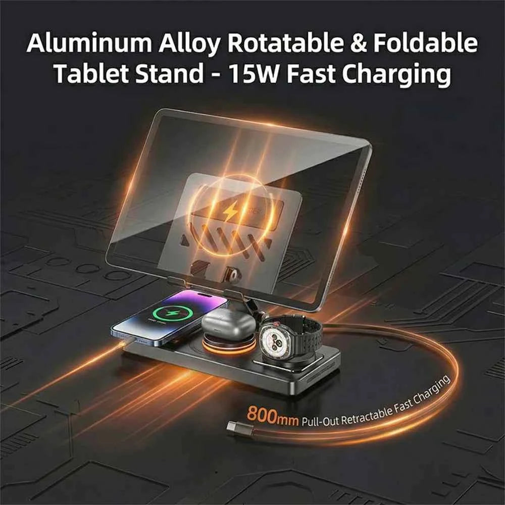 5-in-1 Wireless Charging Station 60W Fast Charger – Foldable Magnetic Stand Dock for iPhone, Apple Watch & AirPods, Desktop Tablet Holder.