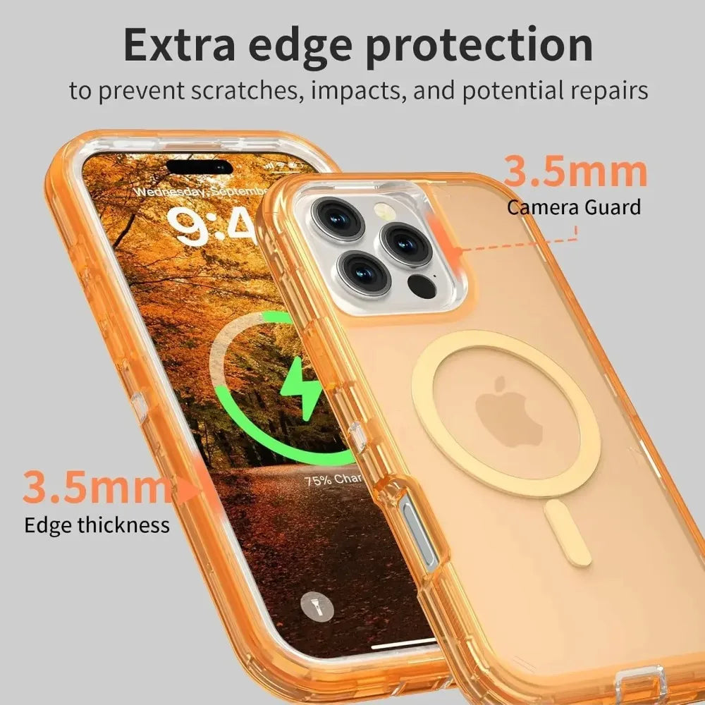 Rugged OTT Armor Magnetic Wireless Charging Clear Case for IPhone 17 Air 16 15 14 Plus 13 12 Pro Max Enhanced Shockproof Cover