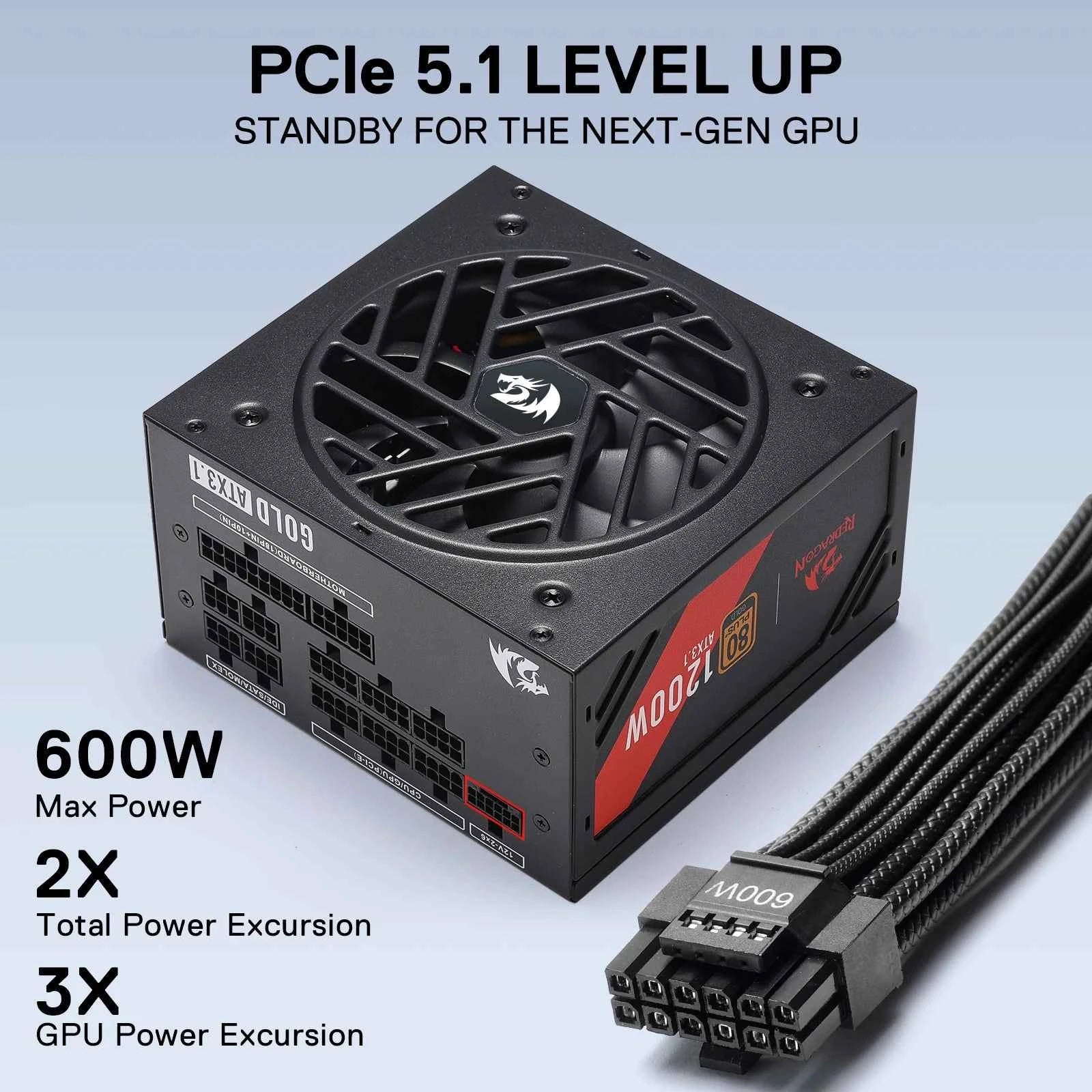 Redragon RGMS-1200W PRO 80+ Gold 1200 Watt Power Supply w/Upgraded ATX 3.1 & PCIe 5.1 Fully Modular