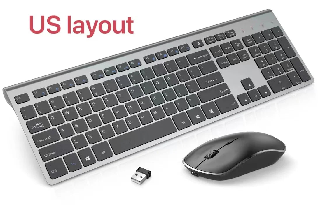 Wireless Keyboard and Mouse Combo Rechargeable 2.4G USB Ultra Slim Full Size Keyboard & Mouse Set,France/Germany/Spain/US Layout