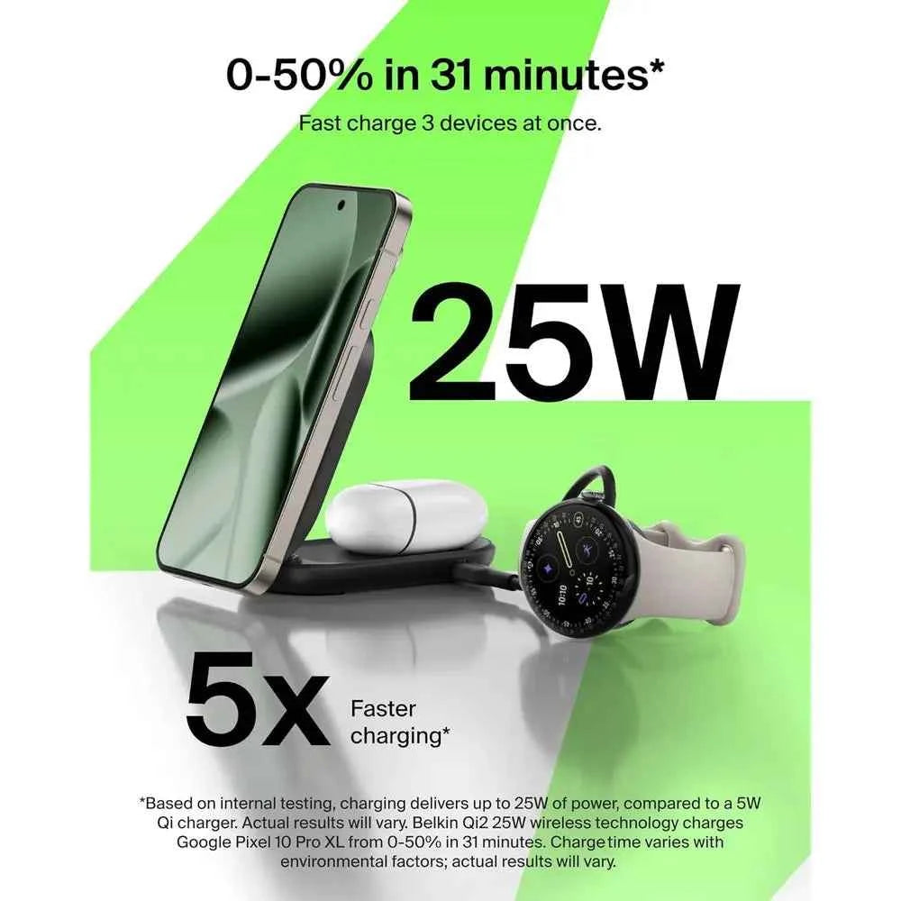 2-in-1 Qi2.2 25W Magnetic Wireless Charger with 5W USB-C Port, Compatible for iPhone 17/16/15, Pixel 10, and AirPods, Includes 4