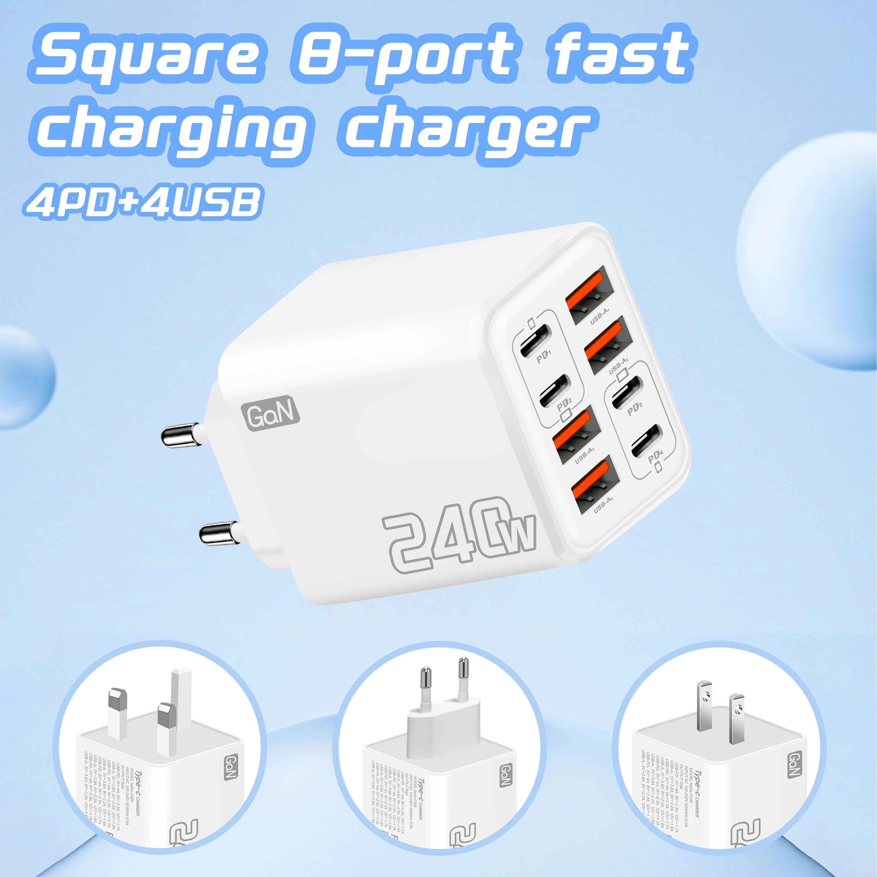 240W GaN USB C Charger 8 in 1 Fast Charging Phone Charger Power Adapter For iPhone Samsung Xiaomi Type C EU/US Plug Wall Charger phone accessories