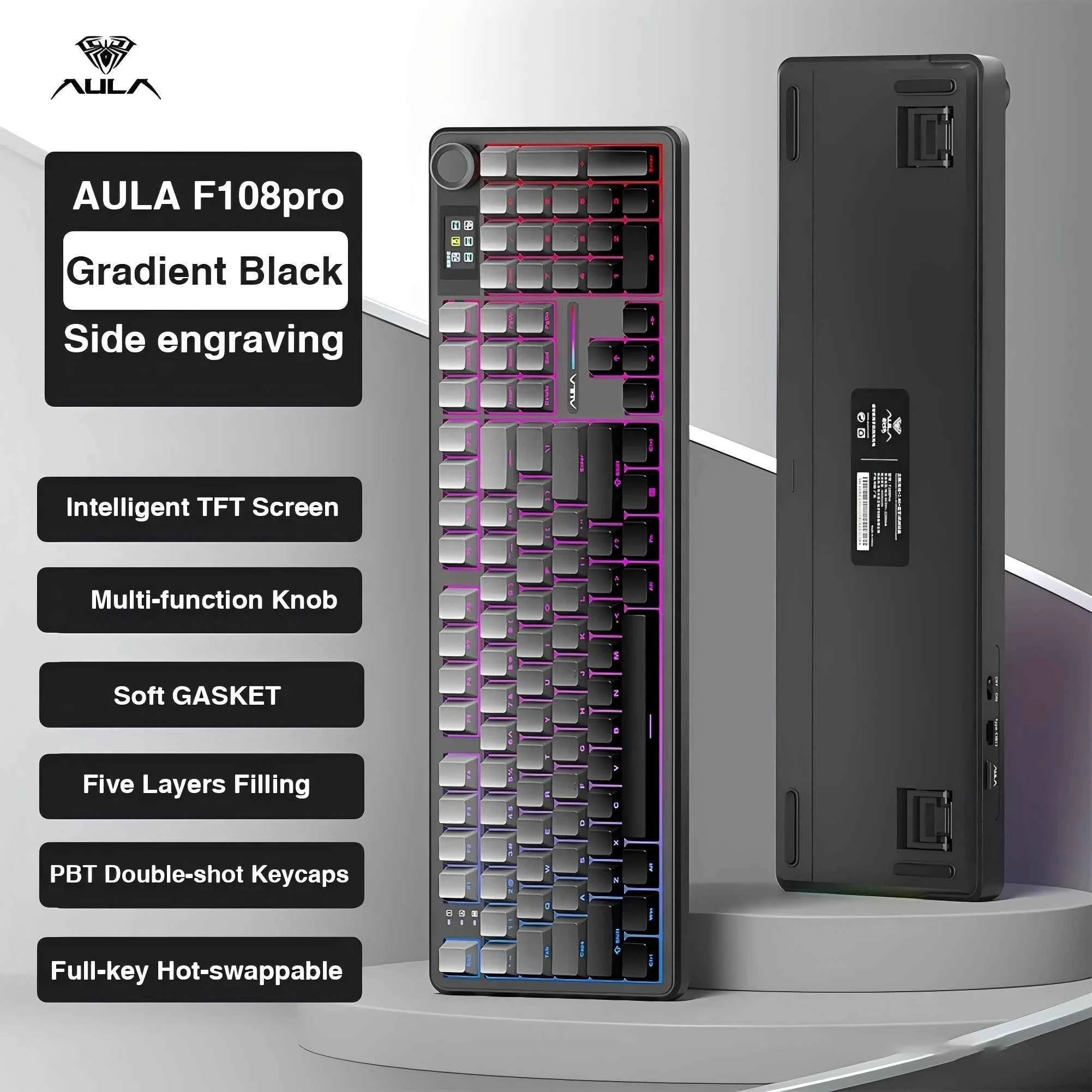 AULA F108PRO Gaming Mechanical Keyboard, Full Size Custom Backlight Hot Swappable Wireless Bluetooth Hifi Switch