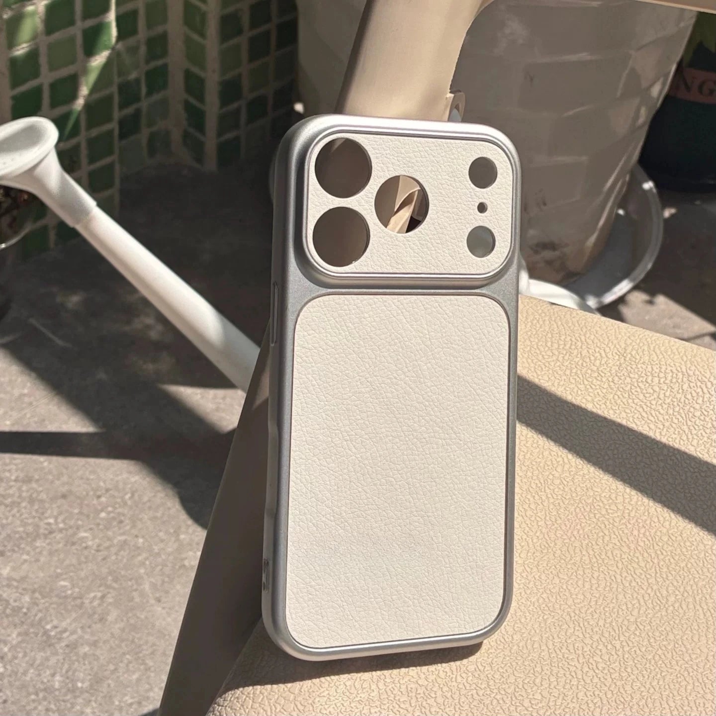 White faux sheepskin phone case,suitable for iPhone 17 Pro Max and 17 Air,17E,16E - precise cutting,full coverage,silver edges.