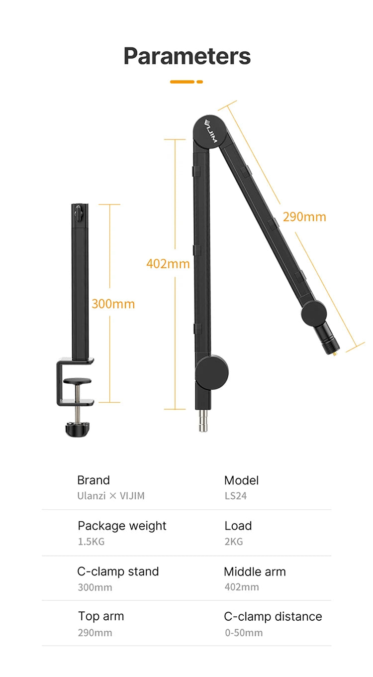 Vijim LS24/LS25 Microphone Boom Arm Stand – Heavy Duty Adjustable Desk Mount for Blue Yeti, DSLR Camera, Smartphone & Streaming Setup