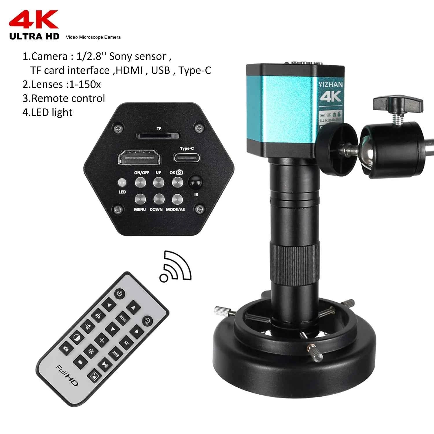 4K Microscope 48MP Digital Microscope For Electronics USB Industrial Cameras HDMI 1-150X Zoom C-Mount Lens Phone Pcb Soldering