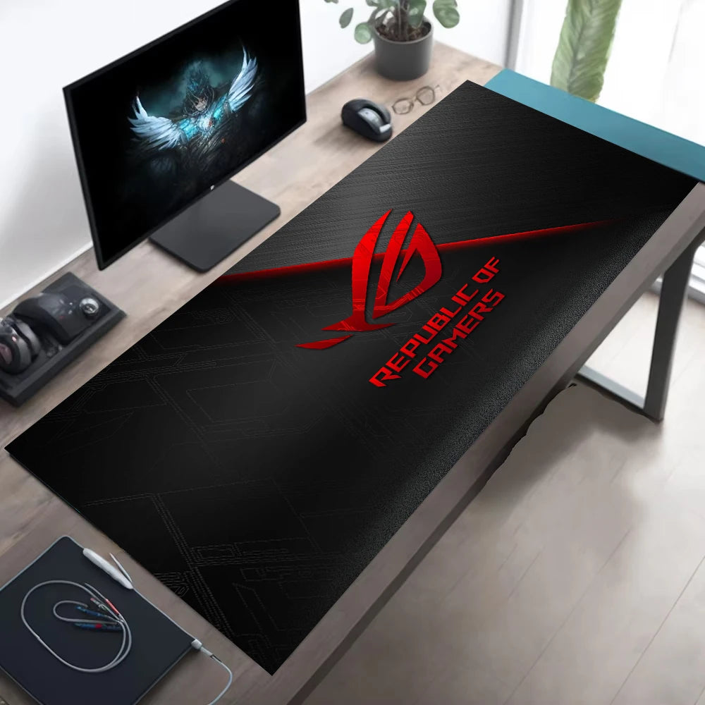 1pc Large Gaming Mouse Pad with Red Black ROG Design Non-Slip Durable Rubber Keyboard Mat for PC Office Decor XXL Desk Accessory