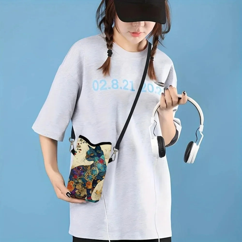 Women’s Black Cat Floral Print Mini Crossbody Phone Bag, Adjustable Strap Casual Canvas Shoulder Purse for Daily Use, Perfect for Carrying Phone, Cards, Keys and Lipstick, Cute and Practical Gift for Cat Lovers.