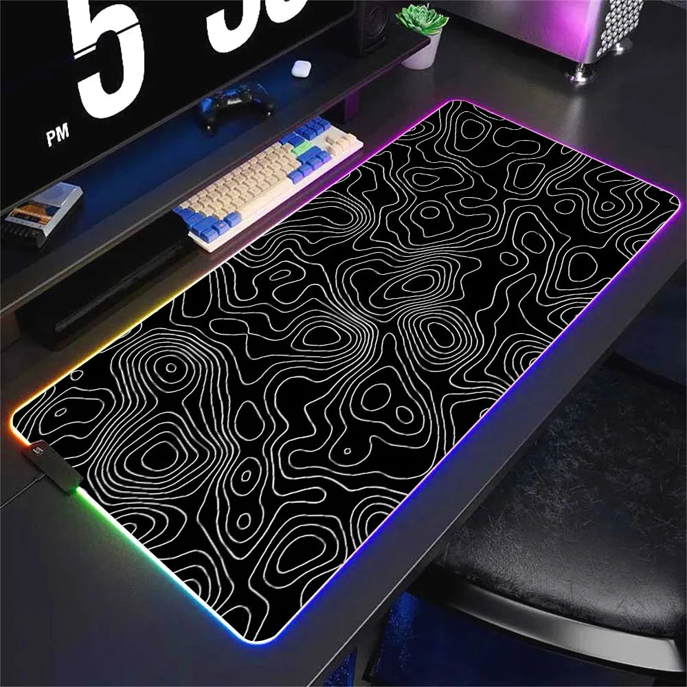 LED Desk Mat Black and White Lines RGB Computer Mouse Pad Gamer Cabinet Luminescence Abstract Mousepad Keyboard Gaming Deskmat
