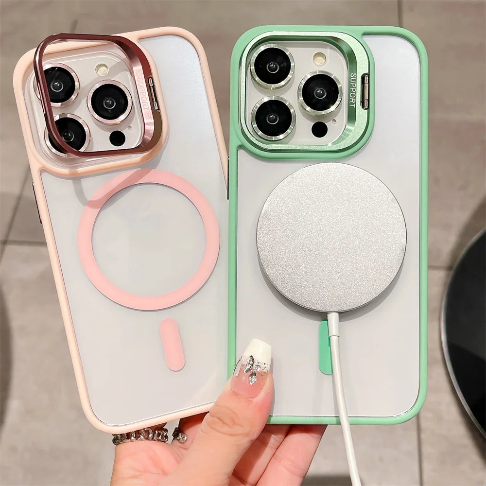 Luxury Magnetic Stand Glass Lens Protection Phone Case For iPhone 17 16 15 14 12 11 Pro Max Plus Magsafe Shockproof cover