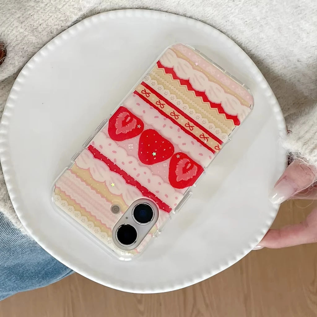 Cream Strawberry Cake Lace Bowknot Phone Case For iPhone 17 Air 16 ProMax 15 14 Plus 13 12 11 Pro Shockproof Silicone Back Cover