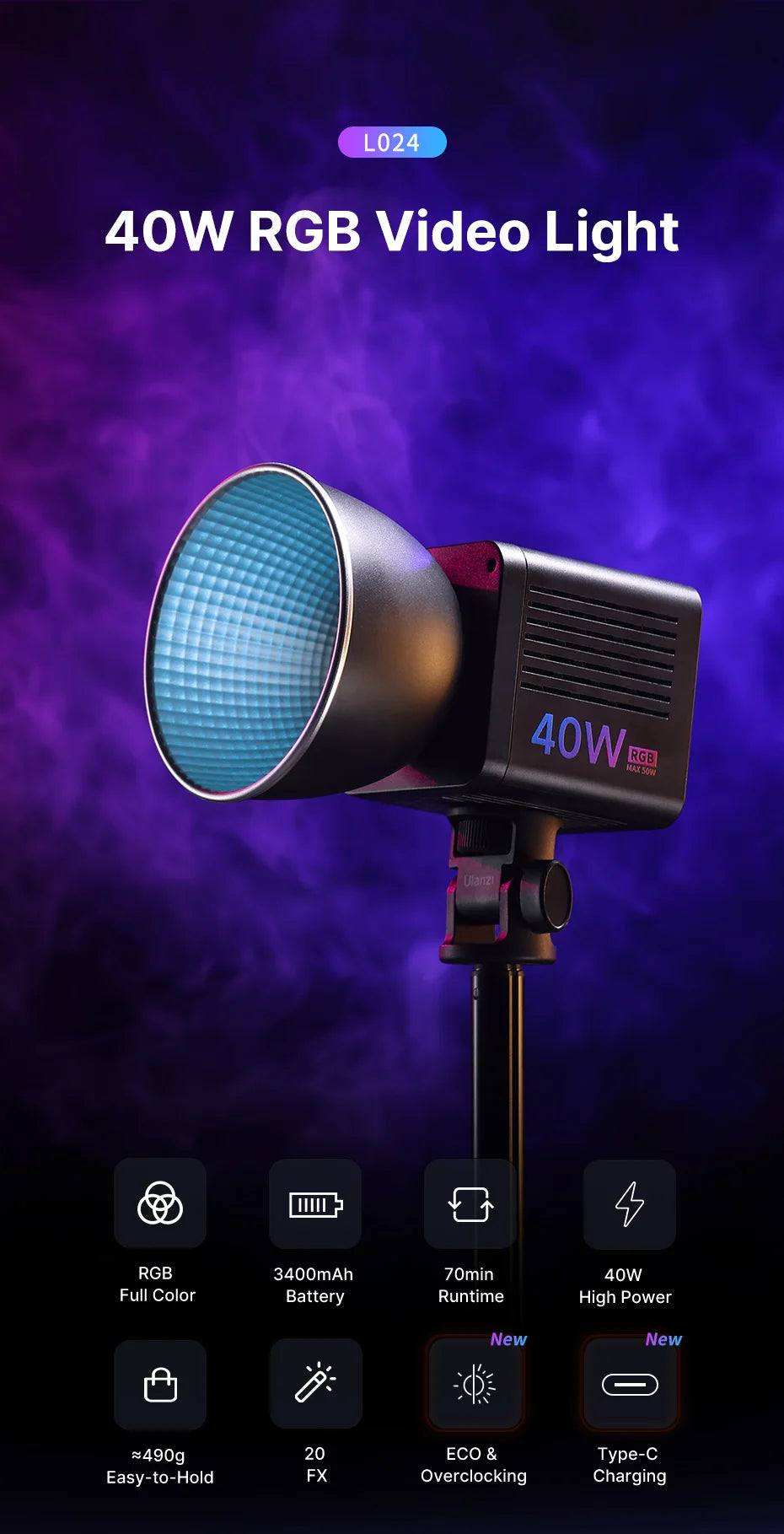 Ulanzi L024 40W RGB Video Light 3400mAh 2500-6500K CCT COB Light for Camera Outdoor Live Broadcast Full Color Photography Lamp
