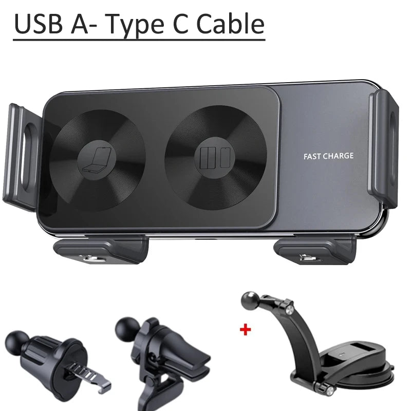 Dual Coil Fold Screen Car Wireless Charger For Samsung Galaxy Z Fold 7 6 5 4 S24 Flip iPhone 17 Pro Max Phone Holder Stand Mount
