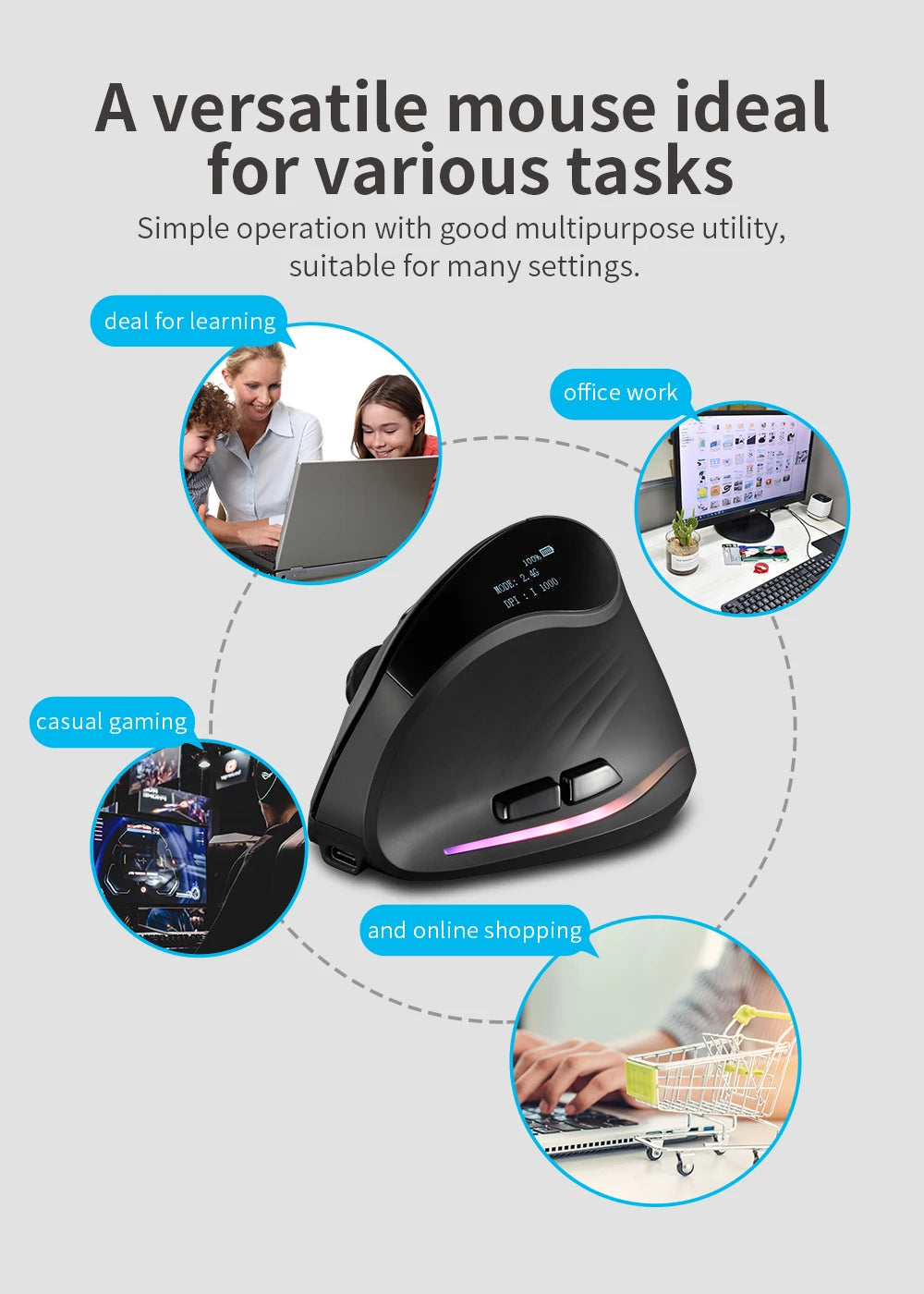 Lefon 2.4G Ergonomic Wireless Mouse Rechargeable Vertical Mouse Gaming Mice for PC Laptop MacOS Office F35C/F35B/F35 Model 버티컬 마