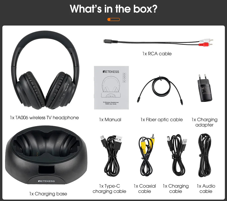 Retekess Wireless Headphone TA006 TV Watching Rechargeable Wireless Earphone with Transmitter Support Coaxial Fiber 3.5 AUX RCA