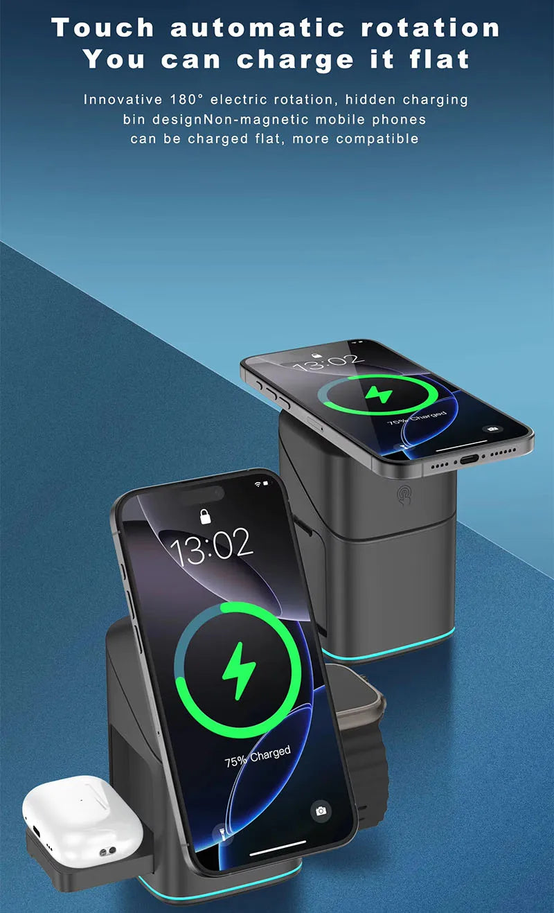 Qi2 15W 3-in-1 Magnetic Wireless Charger Stand Fast Charging For iPhone 14 15 16 17/AirPods Charger Touch Auto Rotation