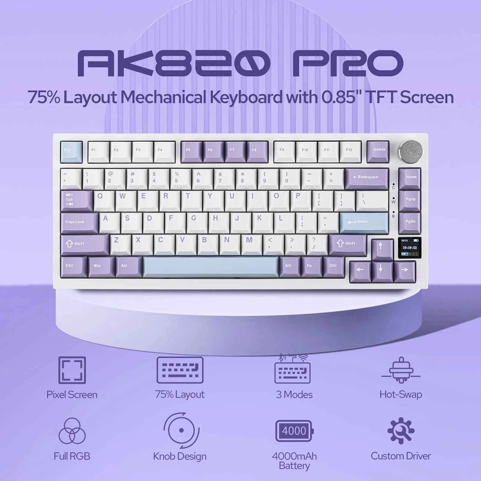 Ajazz AK820 Pro 75% Gasket-mounted Bluetooth 5.1/2.4G Wireless & Wired Mechanical Keyboard with TFT Screen for Gaming