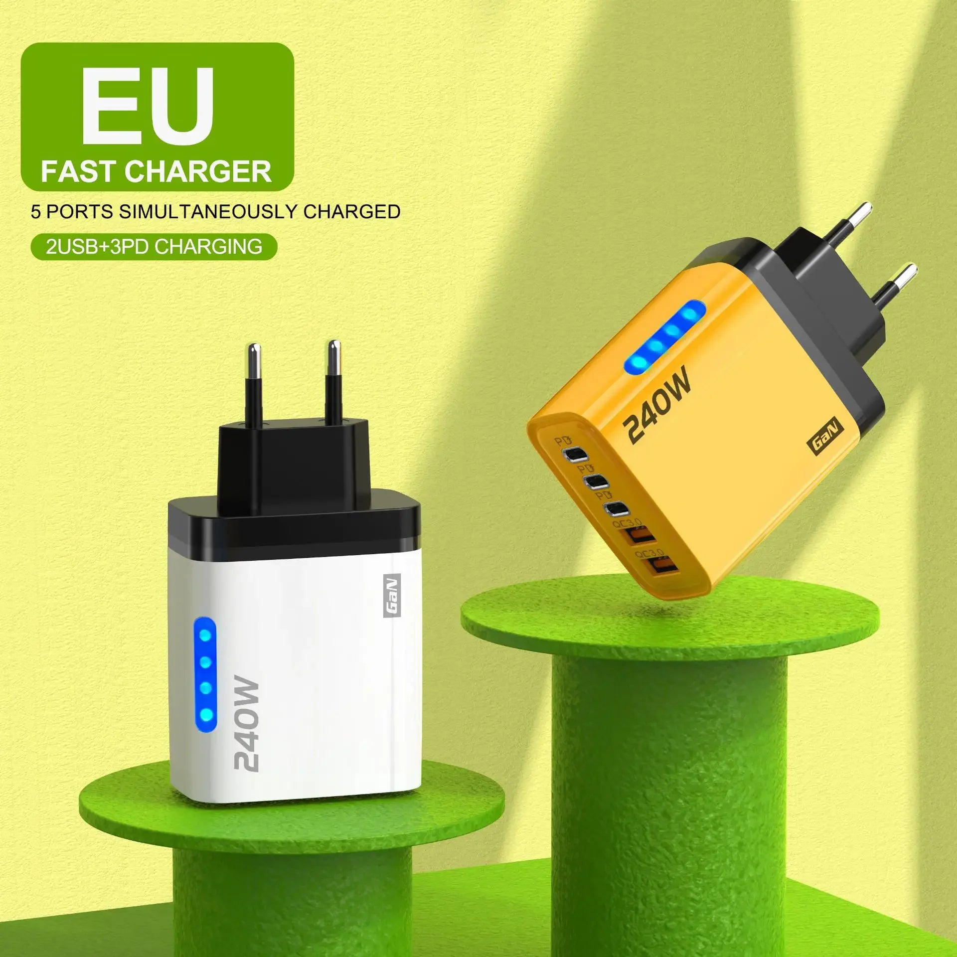 5 IN 1 GaN Desktop Charger For iPhone17 16Pro Laptop Samsung 240W Fast Charging Adapter 10A USB To Type-C Cable 3PD 2USB Charger