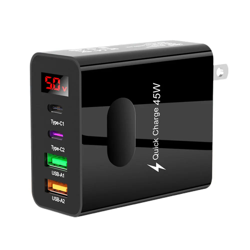 45W Multi Plug Wall Charger 2 Type-C 4 Ports Fast Charging Head Digital Display Quick Charger Head for iPhone 14 Xiaomi Samsung