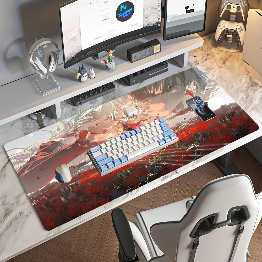 Japanese Anime Mouse Pad Gaming Desk Mat Rubber 90x40cm Red Floral Battle Scene Accessories Mousepads