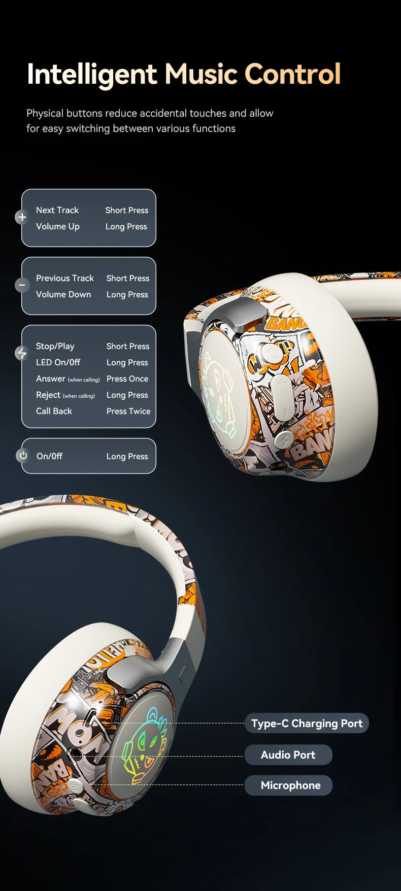 SY-T12 Graffiti LED Light Up Wireless Headphones Over Ear Foldable 3D Earpads Bluetooth 5.4 Headset For Gaming Sports