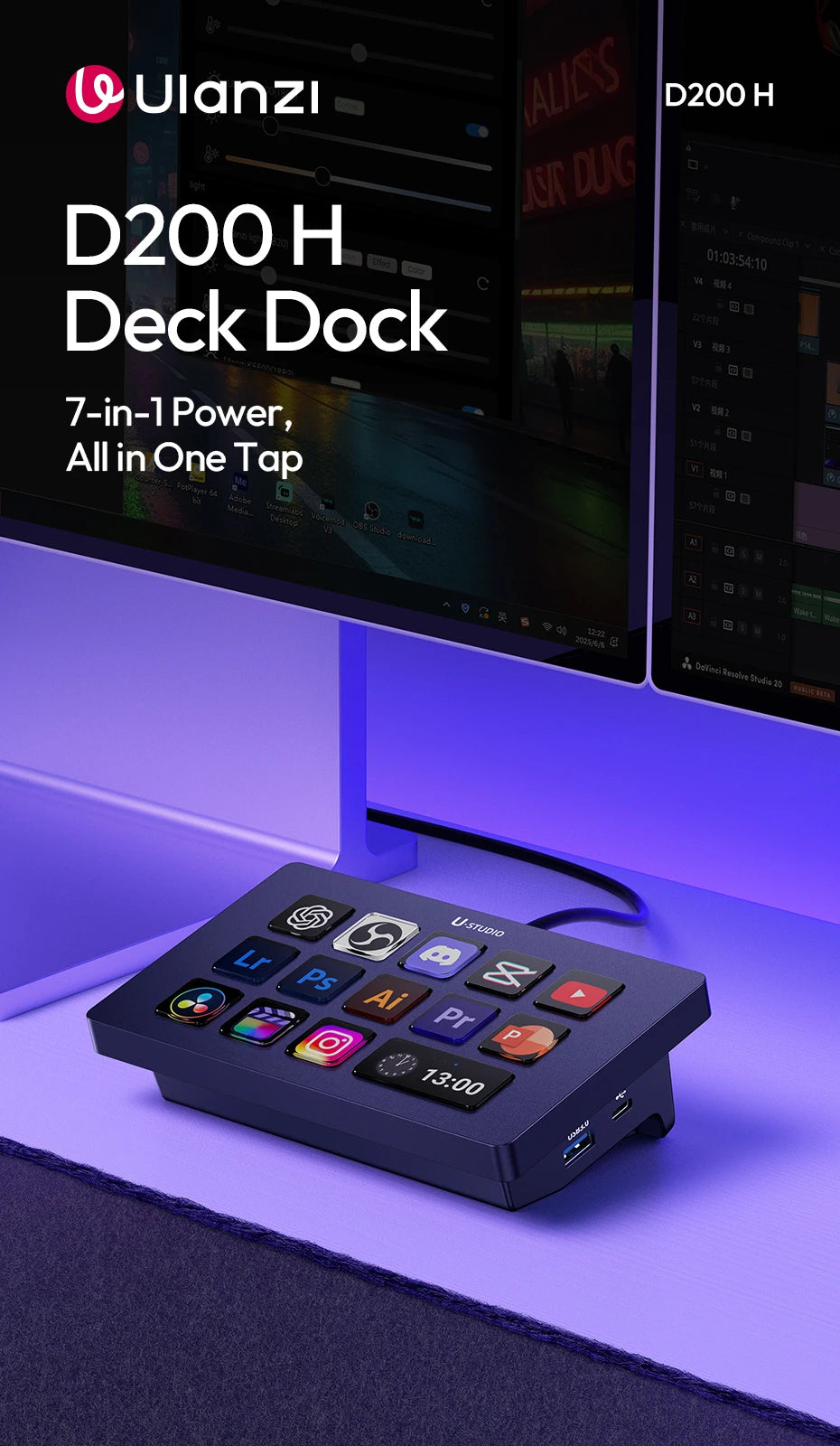 Ulanzi D200H Deck Dock AI-Powered Office Streaming Controller for Computer Fill Light for Intelligent Live broadcast Room