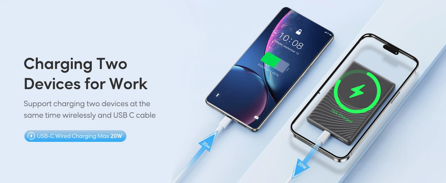 5000mAh Magnetic Power Bank, Wireless & 20W Fast Charger, for iPhone, Samsung (Type-C), Travel Portable Phone Battery Pack.