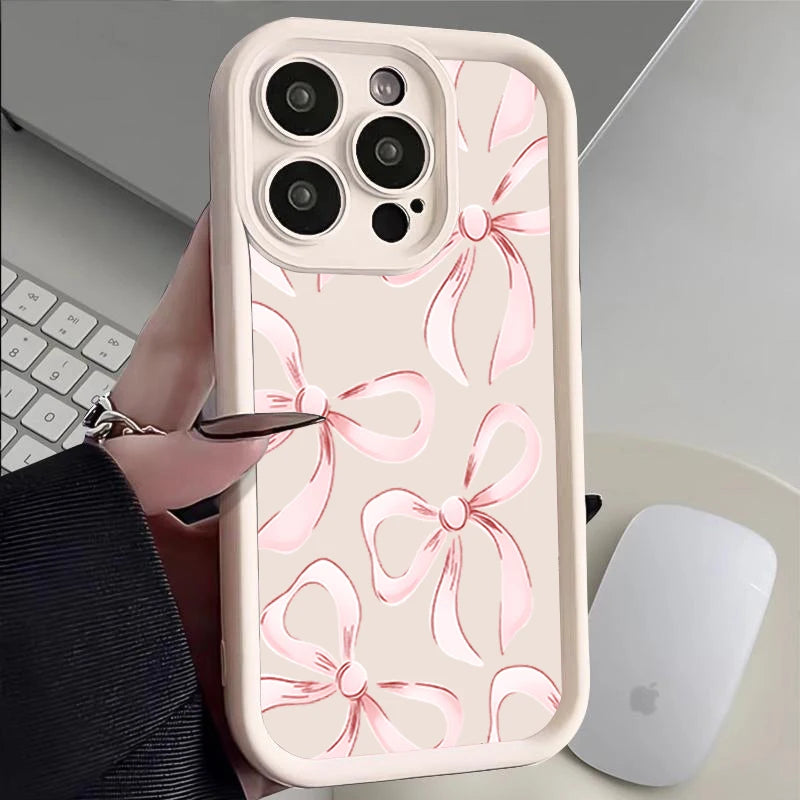 Soft TPU Case For  IPhone 17promax/17air 16 15 14 13 12 11 Pro Max X XS Anti-drop silicone phone case.Girl's pink ribbon bow