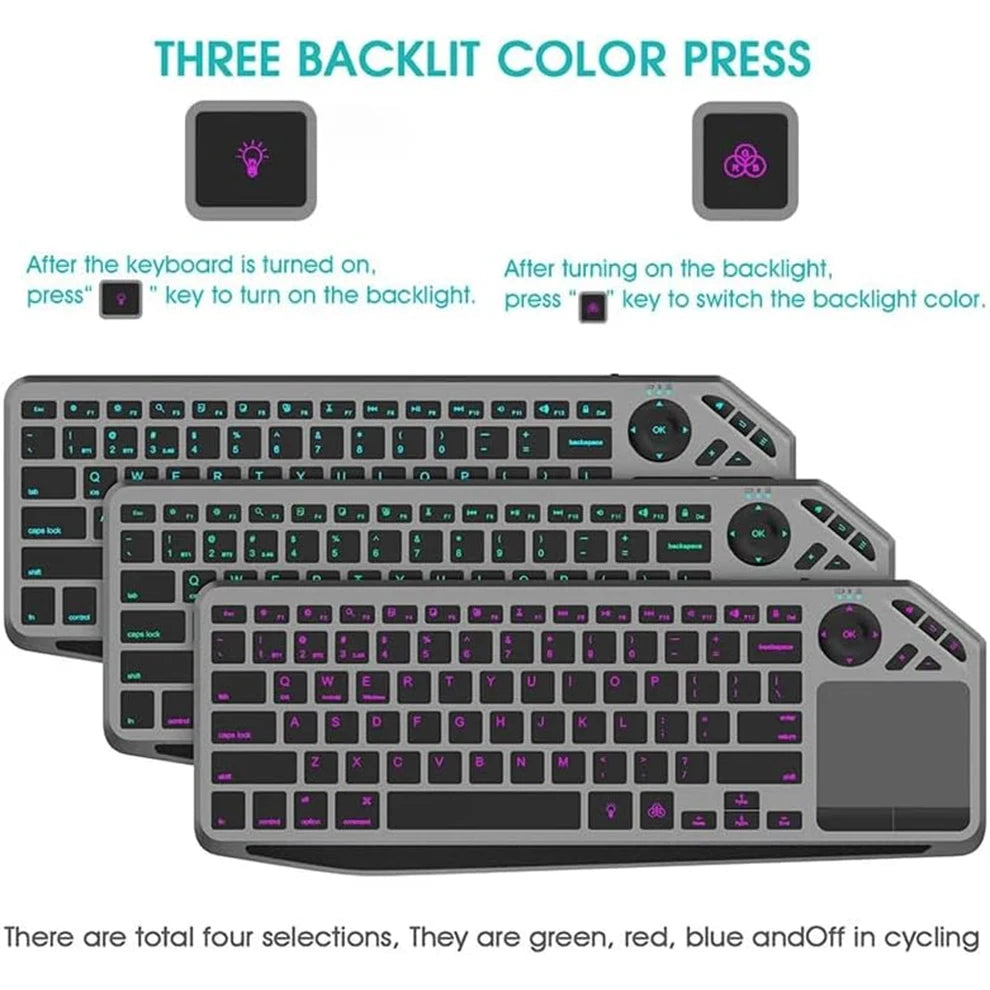 2.4G Wireless Bluetooch Dual Mode Connection TV Keyboard with Touchpad Media Control Multimedia Rechargeable Backlit Keyboard