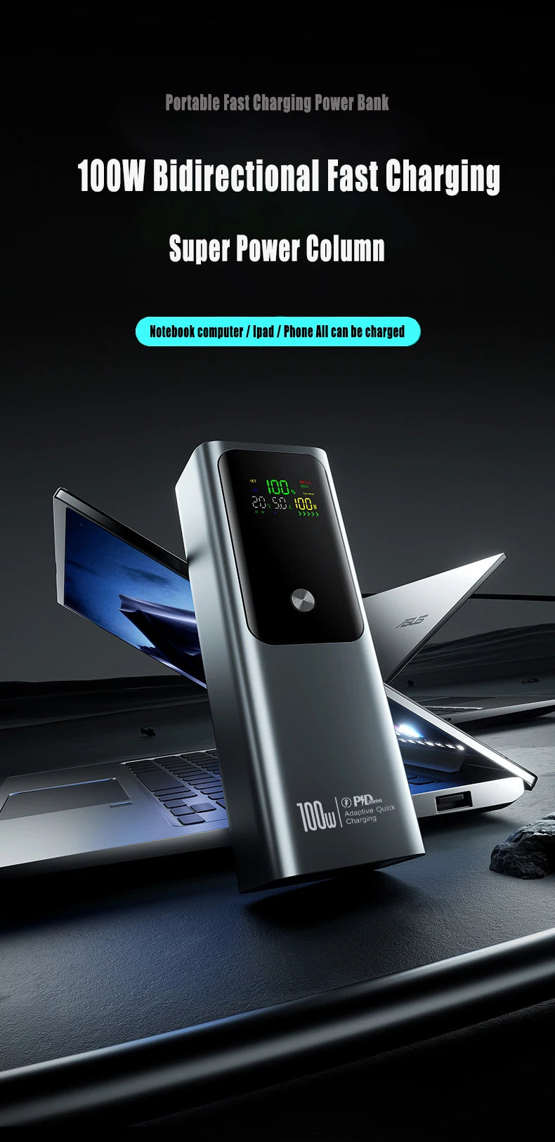 50000mAh Portable Color Screen Power Bank Supports PD100W Bidirectional Fast Charging Suitable For IPhone Laptop Samsung Xiaomi