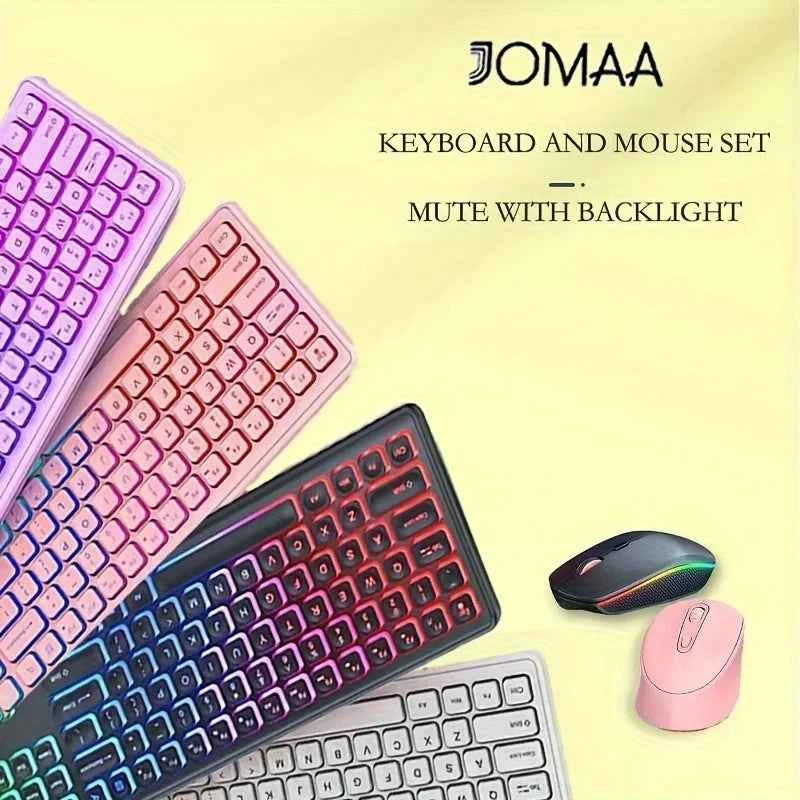Jomaa 2.4G USB Wireless Keyboard and Mouse Combo Backlit Rechargeable Wireless Keyboard Set USB Cordless Combo for Computer M.c