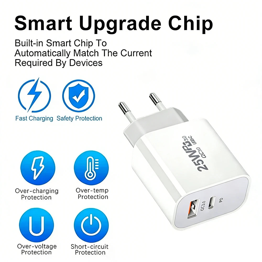 25W PD USB C Multi-Port Fast Charger For iPhone 11 12 13 Mini 14 Pro Max X XR XS Max 7 8 Plus Quick Charging PD Cable 1m 1.5m 2m
