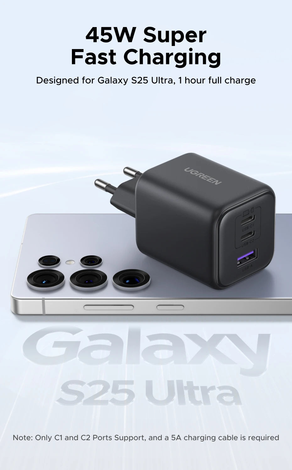 【EU Plug】UGREEN 45W/30W/25W/20W GaN Charger PD3.0 PPS QC3.0 USB C Fast Charger For iPhone 17 16 15 ProMax Samsung S25 iPad Air